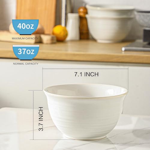 Soup Bowls 40 Ounce Deep Ceramic Bowl Sets for Cereal Soup Salad Pasta Popcorn Oatmeal Breakfast (White / 40 Ounce)