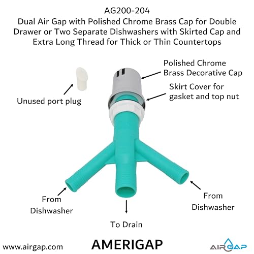 Dual Air Gap with Polished Chrome Brass Cap for Double Drawer or Two Separate Dishwashers with Skirted Cap and Extra Long Thread for Thick or Thin Countertops (AG200-204)