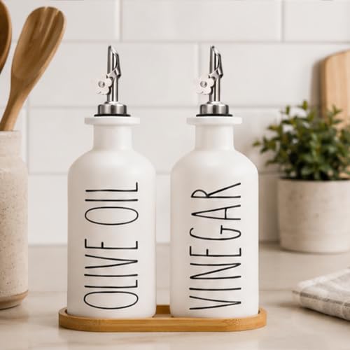 Premium Olive Oil Dispenser for Kitchen (White&Silver+Tray / 11.8 fl oz)