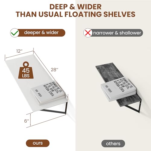 28W x 12D Deep Floating Shelves Set of 2 White (White With Black Metal Bracket / 28Wx12Dx5.8H)