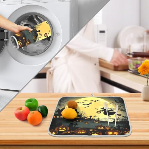 Halloween Night Pumpkins Witch Dish Drying Mat for Kitchen Counter Absorbent Microfiber Small Drying Pad Dish mats for Kitchen Countertops 16 x 18 Inch (Halloween Night / 18" x 16")
