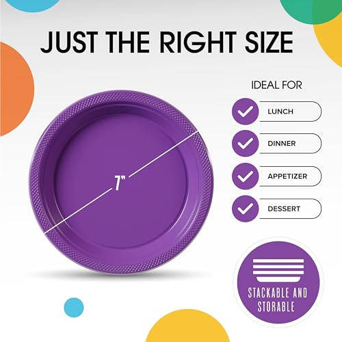 Exquisite Party Solids Sturdy Purple Plastic Plates 7" Cake Plates 100 Pcs (7 inch / Purple)