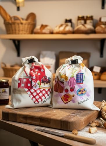 2 XL Beeswax Bread Bags for Homemade Bread (Beige with Picnic)