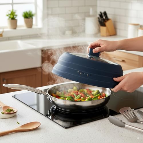 Microwave Splatter Cover Glass Microwave Cover for Food Collapsible Splatter Guard Lid with Silicone Handle for Pot Plate Bowl 11.8 Inch Blue (Blue / 11.8Inch)
