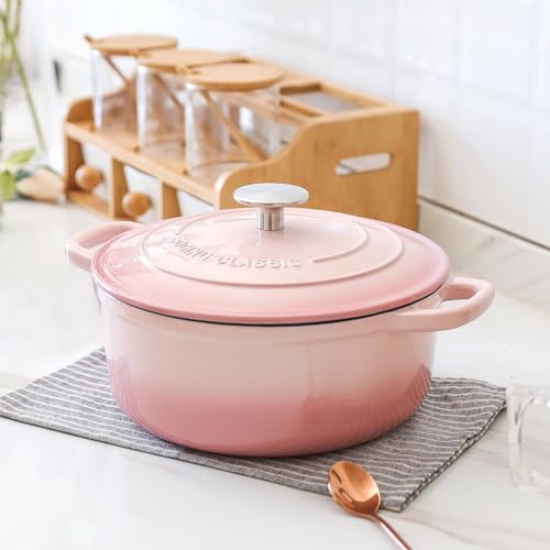 Enameled Cast Iron Covered Dutch Oven with Lid Round Pot for Bread Baking (Pink / 7QT)