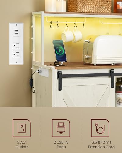 Coffee Bar Buffet Cabinet with LED Light and Power Outlet (With Power Outlet and Light / 14.2"D x 47.2"W x 44.9"H / Rustic White + Honey Brown)