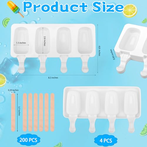 4 Set Silicone Popsicle Molds 4 Cavities Ice Cream Oval Cake Molds with 200 Sticks (4 Set / White)