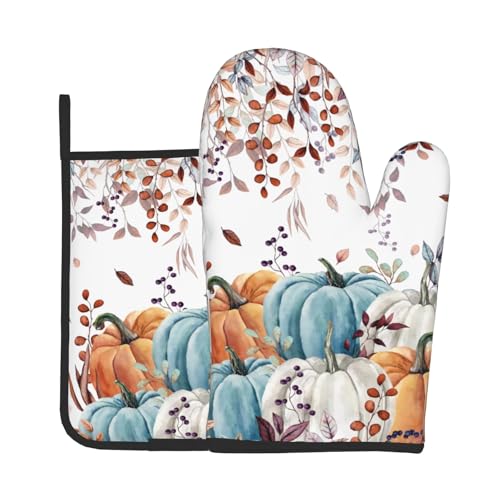 Fall Orange Pumpkin Oven Mitt Potholders Sets Eucalyptus Leaves Heat Resistant Oven Glove Set of 2 Kitchen Hot Pads for Cooking Baking BBQ (Fall Orange Pumpkin)