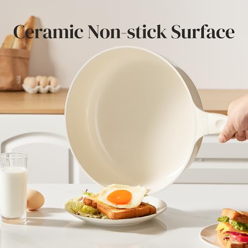 Ceramic Frying Pan with Glass Lid (Beige / 12inch Saute Pan With Lid)