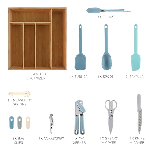 Bamboo Kitchen Utensil Set with Drawer Organizer (Blue / 18 Piece Gadget Set)