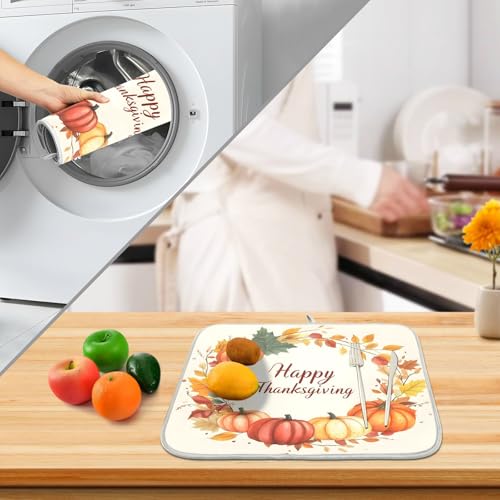 Pumpkin Happy Thanksgiving Dish Drying Mat for Kitchen Counter Absorbent Microfiber Small Drying Pad Dish mats for Kitchen Countertops 16 x 18 Inch (Thanksgiving Happy / 18" x 16")