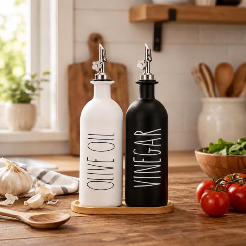 16oz Olive Oil Dispenser Bottles for Kitchen (Black&White+Tray / 16 fl oz)