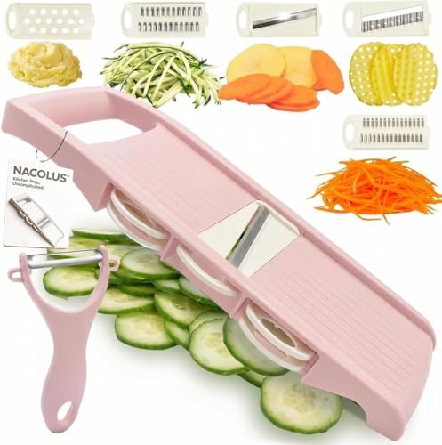 Mandoline Slicer for Kitchen Slicer Vegetable Cutter 5 In 1 Veggie Slicer Potato Slicer waffle fry cutter Hot Swap Mandolin with Peeler for Vegetables Carrot Shredder Cucumber Slicer