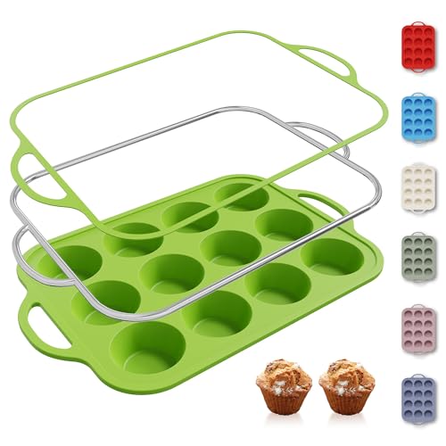 12 Cups Silicone Muffin Pan with Metal Reinforced Frame Regular Size Cupcake Pan Tray Egg Bites Silicone Circle Cookie Molds Muffin Tin Tart Pans Baking Sheet Set for Oven Dishwasher Safe (1pc: 12-Cup Regular / Green)