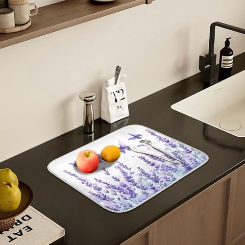 Purple Lavender Spring Summer Flower Floral Dish Drying Mat for Kitchen Counter Absorbent Microfiber Large Drying Pad Dish Mats for Kitchen Countertops 18 x 24 Inch (24" x 18")