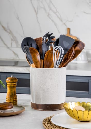 Ceramic Rotating Kitchen Utensil Holder for Countertop (Sand)