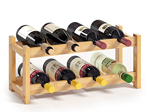 Wine Rack Freestanding 8 Bottle 2 Tier Bamboo Wine Racks Countertop Cabinet Wine Holder Wine Storage Shelf for Kitchen (2-tier-Natural)