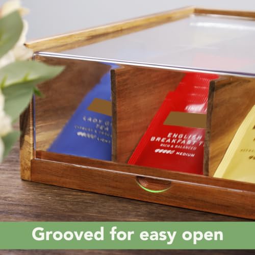 Acacia Wood Tea Bag Organizer Storage Box with 6 Compartments (Compact-Acacia Wood)