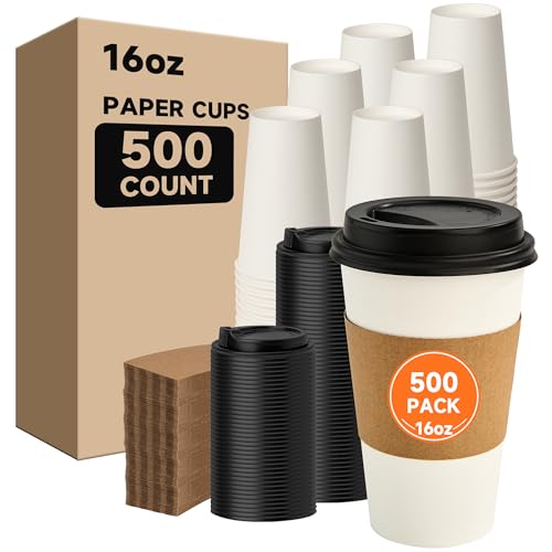 500 Pack 16 oz Disposable Coffee Cups with Lids and Sleeves (White / 16 oz)