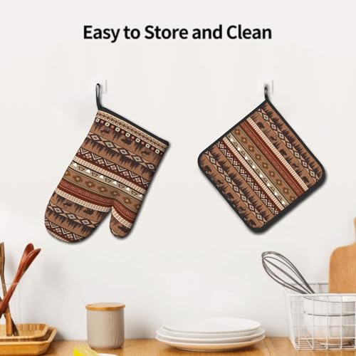 Rustic Bear Deer Oven Mitts and Pot Holder Sets Boho Ethnic Hot Pads Non (Rustic Bear Deer)