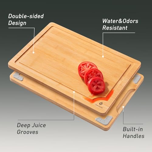 Bamboo Cutting Board Set Non Slip Feet with Holder Over Sink Kitchen Gadgets Charcuterie & Chopping Board Apartment Essentials New Home Must Haves Things Stuff Accessories House Housewarming Gifts (3 Pack / Natural)