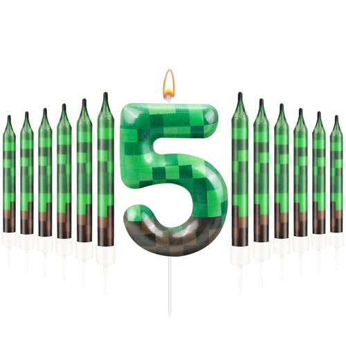13 Pcs Dynamite Candles 12 TNT Themed Birthday Cake Candles and Number 5 Candle Cake Topper for Pixel Theme Birthday Party Anniversary Party Dynamite Theme Party Video Game Party Supplies (13 Count)