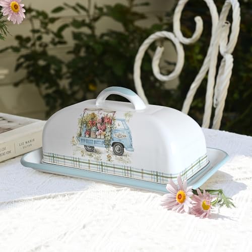 Enamel Butter Dish with Lid Vintage Enamelware Butter Keeper with Flower and Bird Patterns Farmhouse Butter Container Butter holder for Countertop Kitchen Decor (Lightblue)