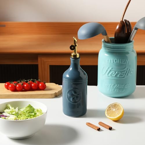 Sweejar 16 Oz Ceramic Olive Oil Dispenser Bottle (Fog Blue / 16 Oz(Gold Spout))