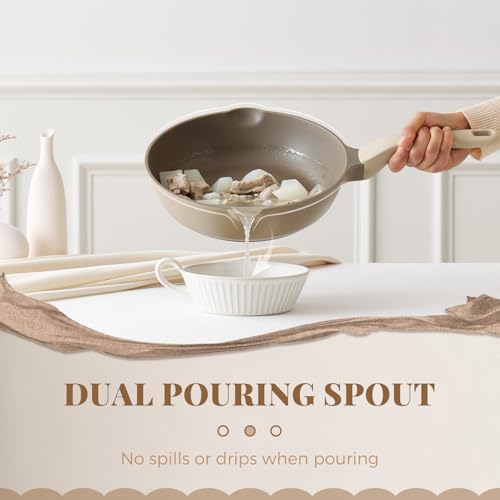Nonstick Deep Frying Pan with Glass Lid (12 Inch / Natural Linen)