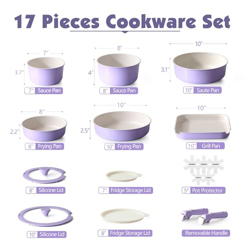 17 Piece Ceramic Detachable Handle Pots and Pans Set Purple (Purple / 17 Piece)