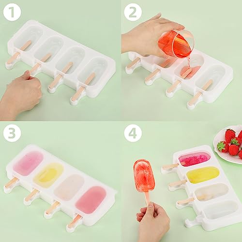 3 Set Popsicles Molds with Lids and 100 Pcs Wooden Popsicles Sticks (White / Standard Size)