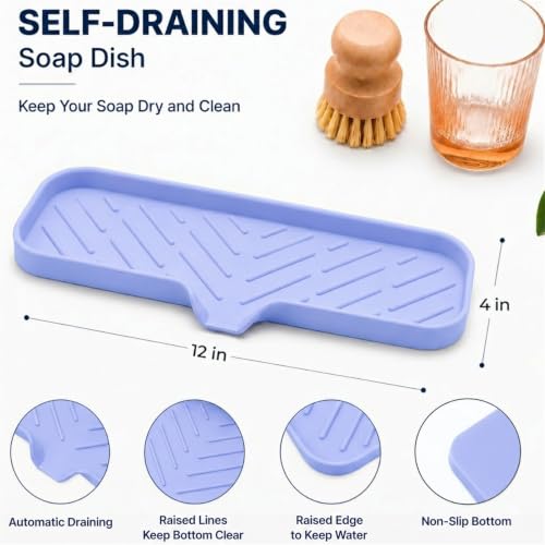Silicone Soap Dish with Drain Spout (Light Purple / L(12"×4"))