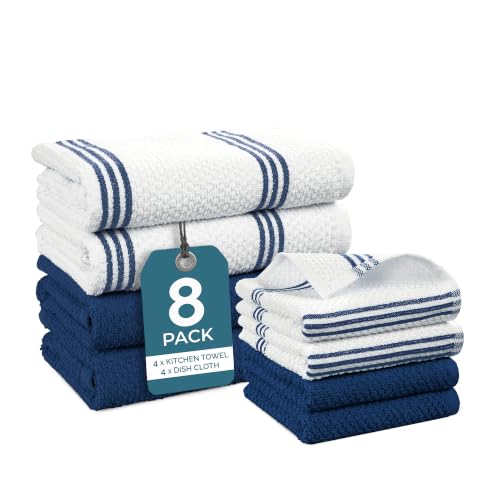 Kitchen Towel Set 8 Pc 4 Dish Cloths (Terry - Indigo / Kitchen Towel Set - 8 Pack)