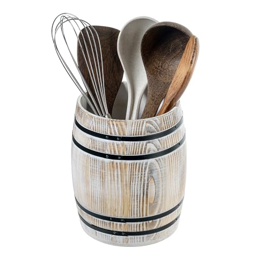 Whitewashed Wood Wine Barrel Kitchen Utensil Holder Crock