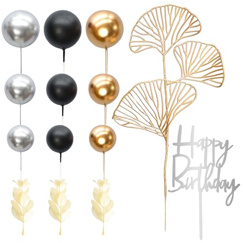 57Pcs Purple Balls Cake Topper Boho Grass Cake topper Pearl Balls Acrylic Happy Birthday Cake Decorations for Wedding Baby Shower Birthday Boho Themed Party Supplies Black Gold Silver (Black Gold Silver)