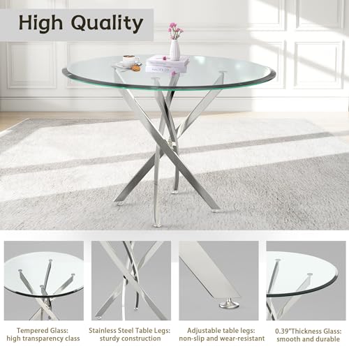 36" Round Glass Dining Table Set for 4 (Silver Round Table/Black Velvet Chairs / 5 Pieces)