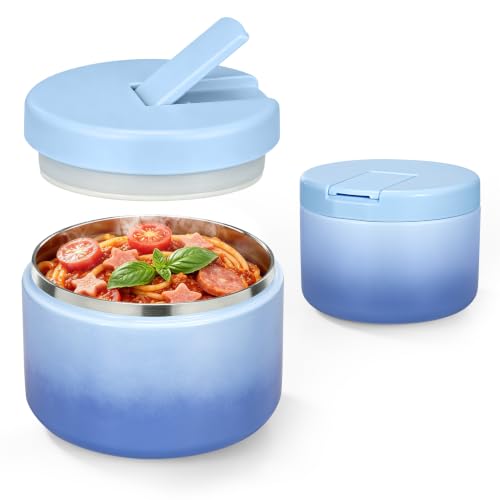12oz Insulated Vacuum Food Jar with Buckle Lid Wide Mouth Soup Thermo for Hot Food Kids Leakproof Stainless Steel Lunch Container (Gradient Blue / 12OZ)