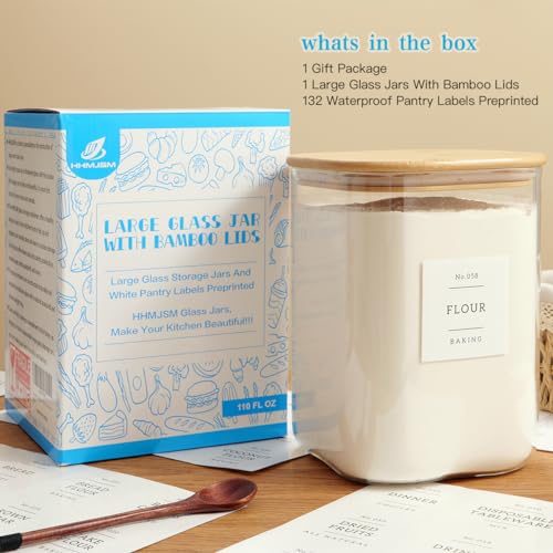 Large glass flour and sugar containers with 132 Kitchen Pantry Labels (110OZ)
