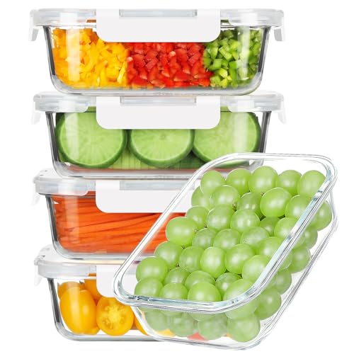 5 Pack 35 Oz Glass Food Storage Containers with Lids (White / 35oz 1-compartment)