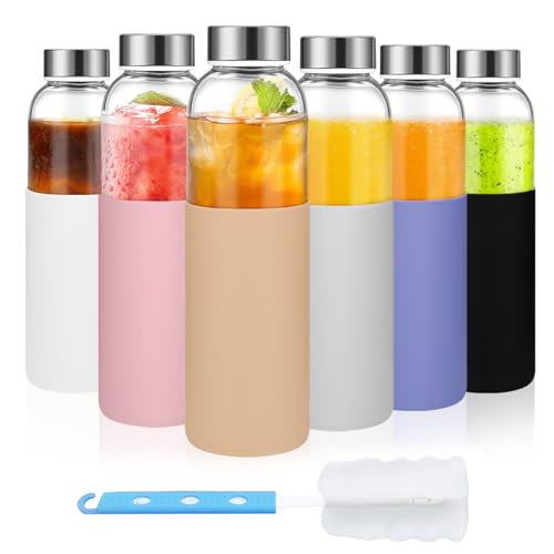 18 oz Glass Water Bottles with Lids and Silicone Sleeve 6 Pack (silicone sleeve-6pack / 18 Ounces)
