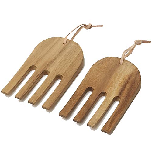 Woodard & Charles Acacia Wood Salad Bowl Set with Serving Hands (12" x 5" Bowl w/ Salad Hands-*Pack of 4*)