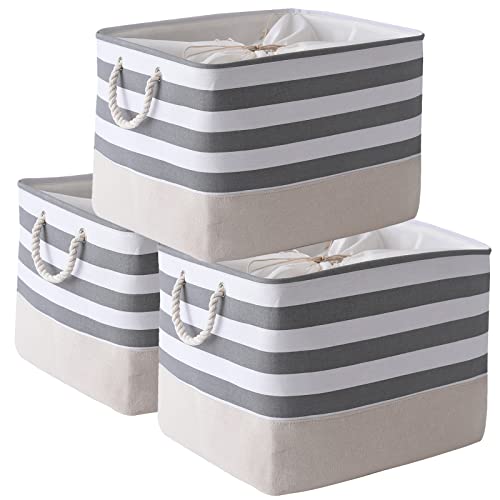 Jumbo Storage Bins Baskets (Grey&White Stripes / 3PCS/Extra Jumbo - 20.5Lx15.7Wx13.8H)