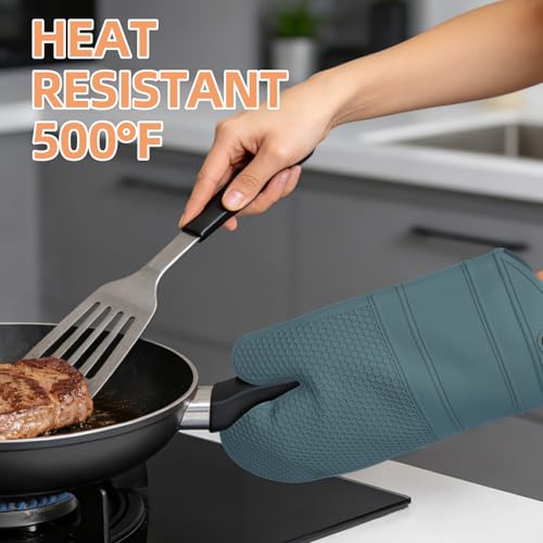 Silicone Oven Mitts (2PCS-13"L x 7"W/AGAVE-HONEYCOMB SURFACE)