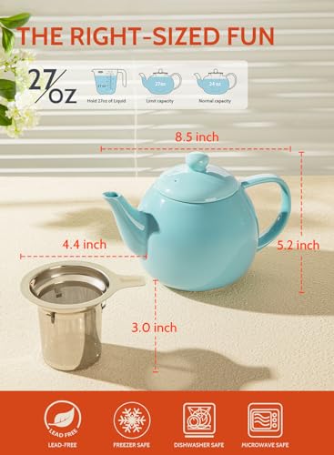 Teapot Porcelain Tea Pot with Stainless Steel Infuser (Turquoise / 27oz (with infuser))