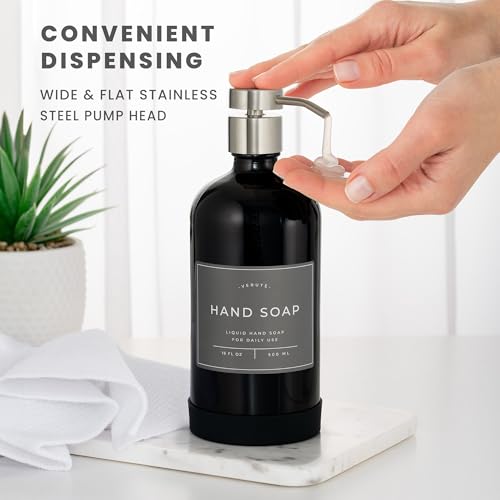Hand and Dish Soap Dispenser for Kitchen and Bathroom (Gloss Black Bottle / Brushed Silver Pump)