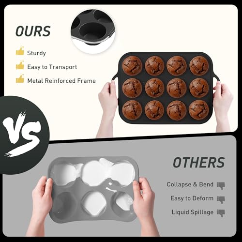 2 Packs 12 Cups Silicone Muffin Pan with Metal Reinforced Frame Regular Size Cupcake Tray Egg Mold Wedding Day Engaged Engagement Hostess Couple Newly Wed House Christmas Married Unique Gift (2pc: 12-Cup Regular / Black)