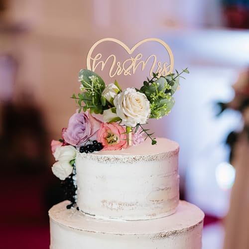 Mr & Mrs Wedding Cake Topper in Wood Heart Cake Topper with Flowers and Leaves (Premium)