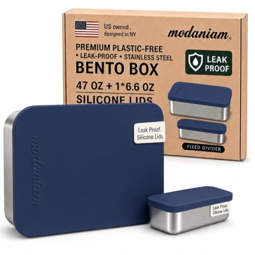 Flexibento Leak proof Stainless Steel Lunch Box Containers with Silicone Lids (ZA-Navy-47OZ-SetOf2)