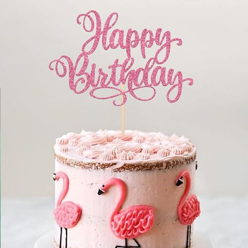 1 PCS Happy Birthday Cake Topper Glitter Happy Birthday Cake Pick for Celebrating Happy Birthday Anniversary Party Cake Decorations Supplies Pink