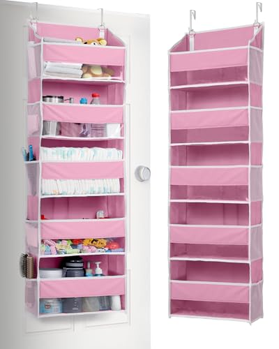 1 Pack Over Door Organizer with 5 Large Pockets 10 Mesh Side Pockets (Pink / 1 Pack-5 Tier)